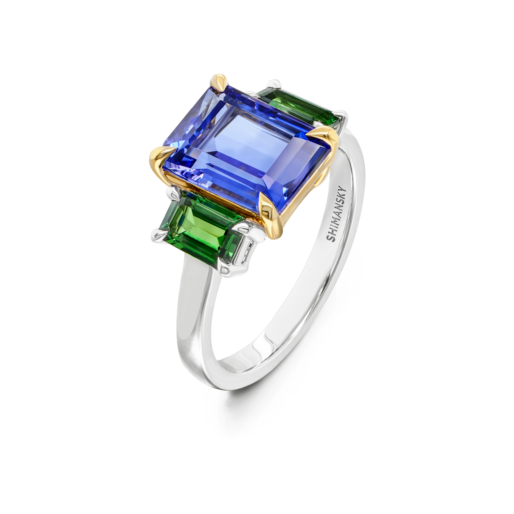 Shimansky 3.4ct Tanzanite & Tsavorite Trilogy Ring 14K White & Yellow Gold 3D View #card-first