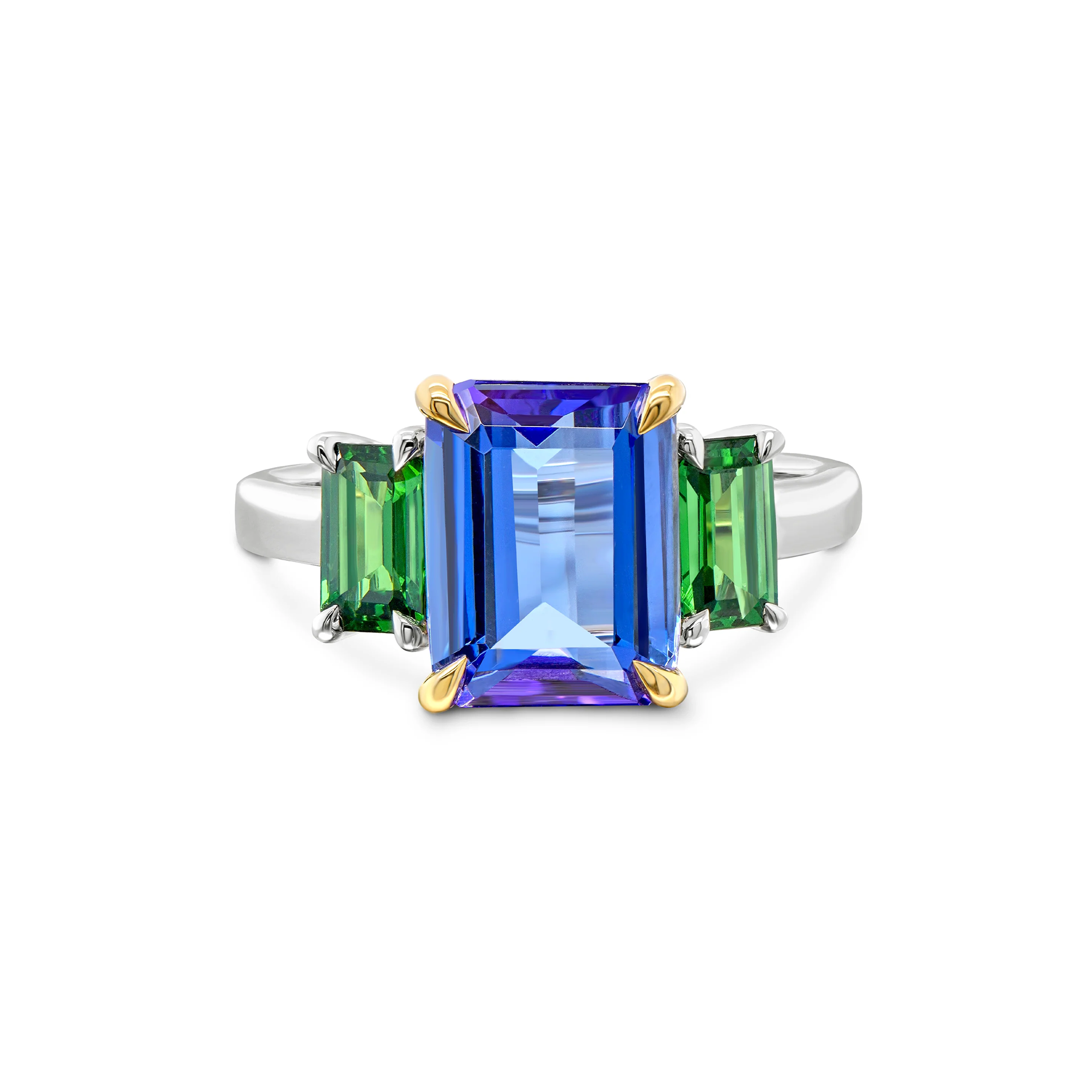 Shimansky 3.4ct Tanzanite & Tsavorite Trilogy Ring 14K White & Yellow Gold Front View