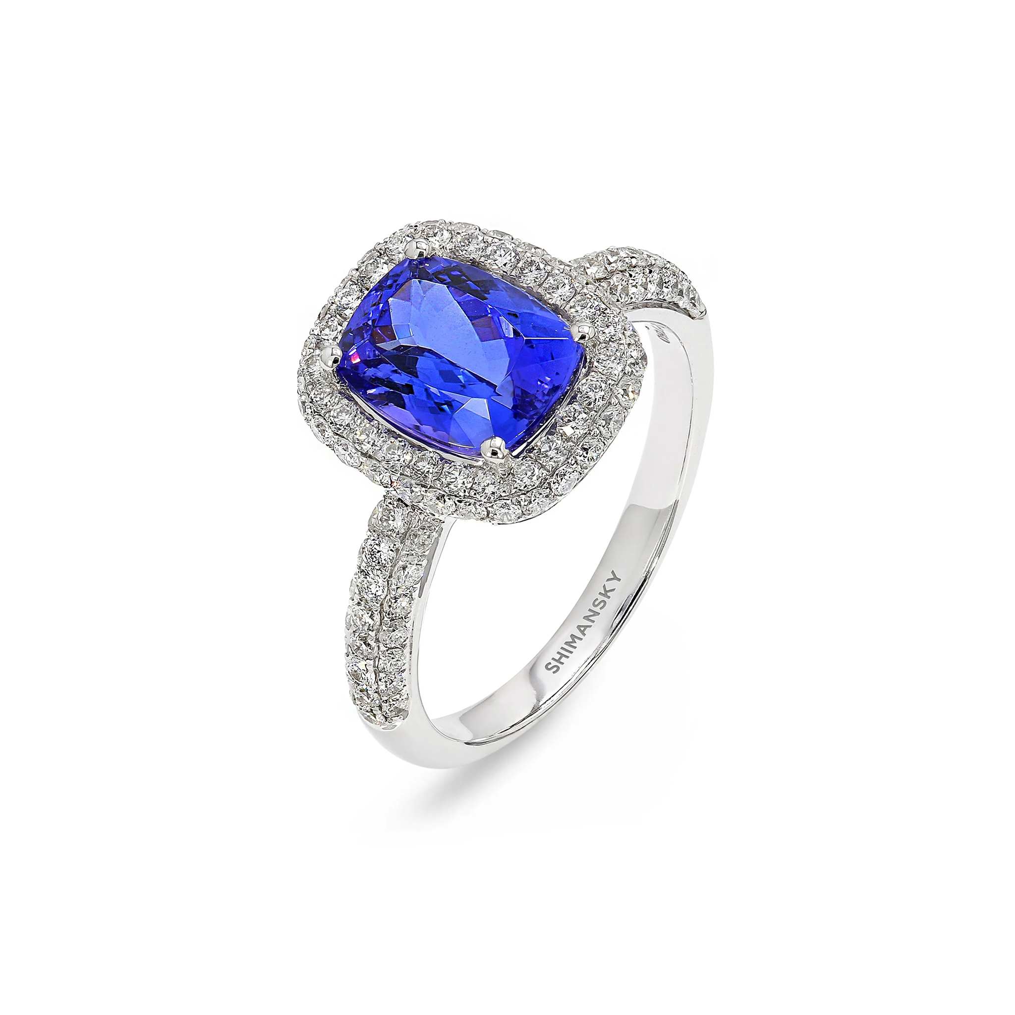 Shimansky 2.5 Carat Tanzanite and Diamond Halo Ring 18K White Gold 3D View #card-first