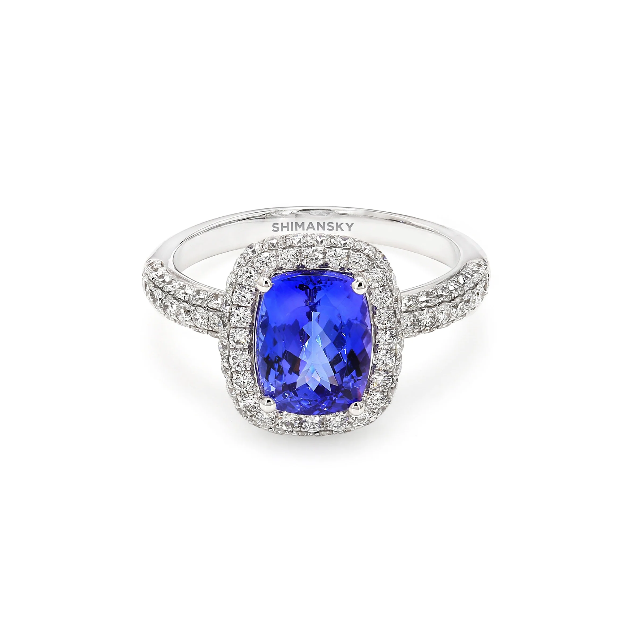 Shimansky Tanzanite and Diamond Halo Ring 18K White Gold Front View