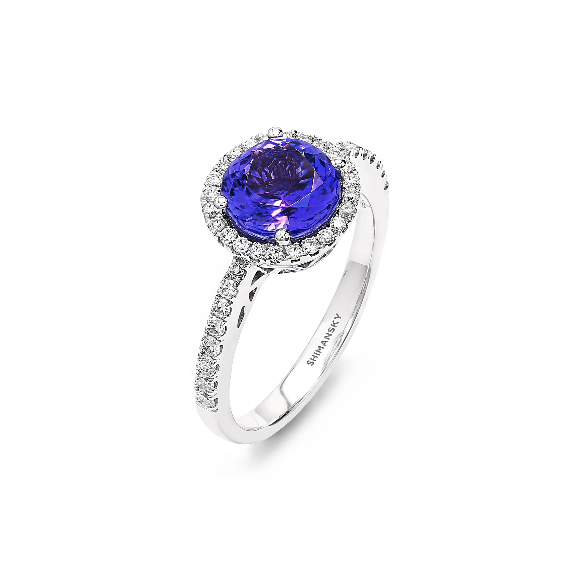 Shimansky 2ct Tanzanite and Diamond Halo Ring in 18K White Gold - 3D View #card-first