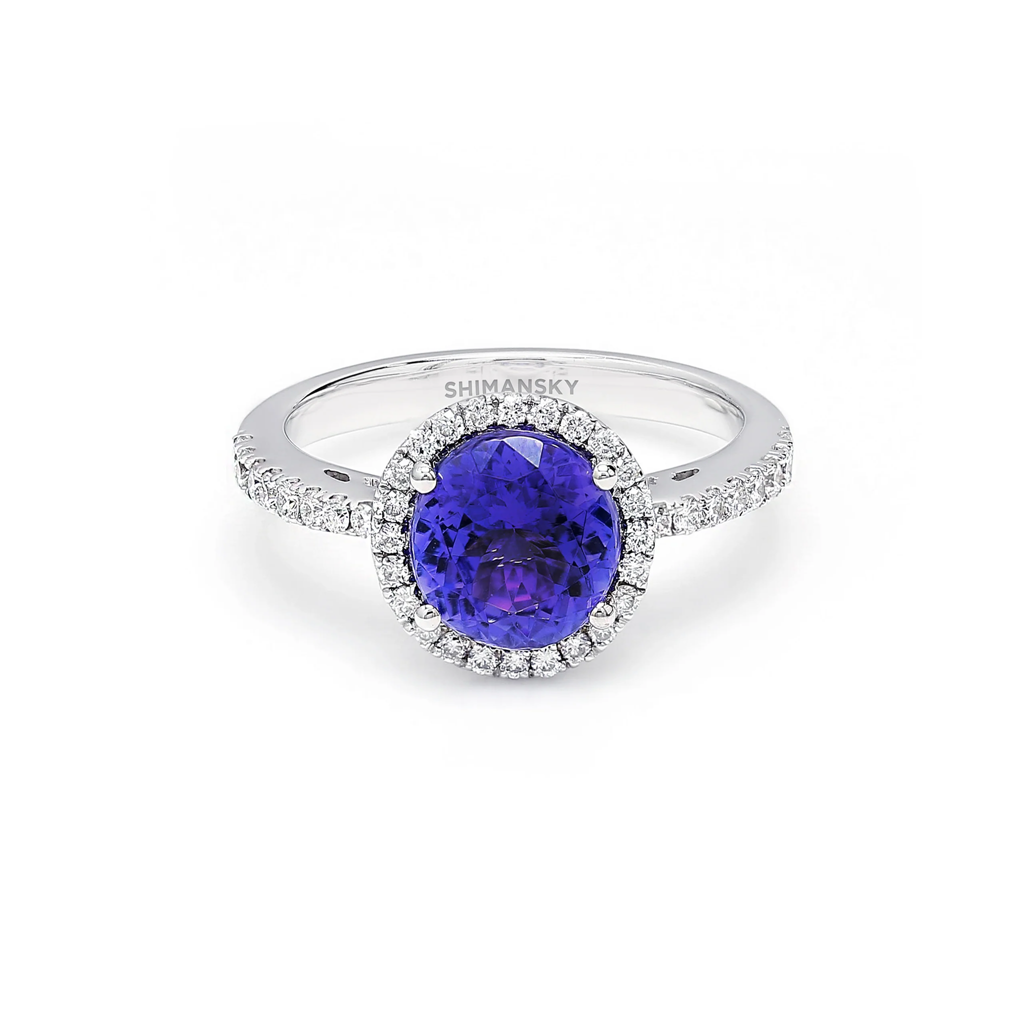 Shimansky 2ct Tanzanite and Diamond Halo Ring in 18K White Gold - Front View