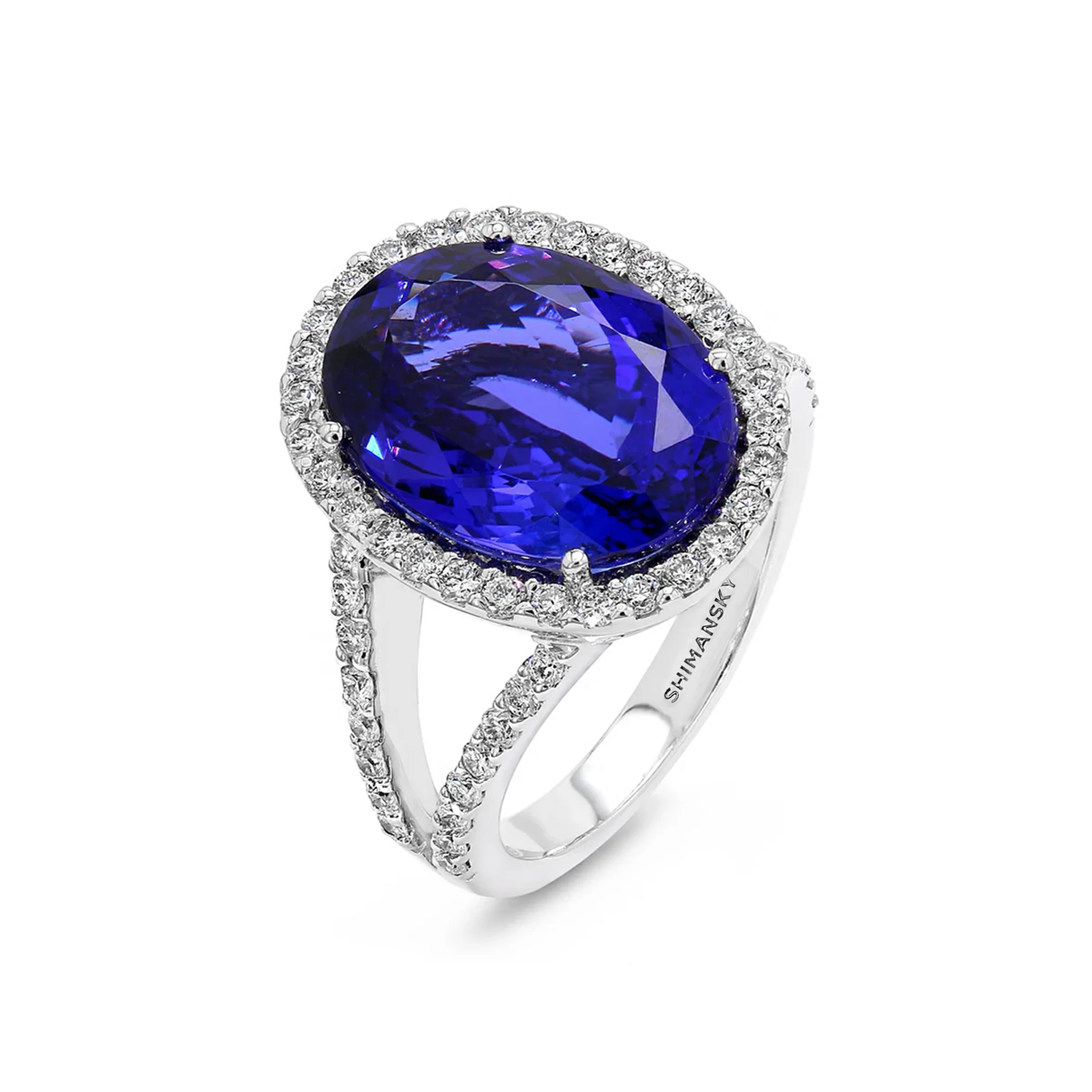 Shimansky 9ct Tanzanite and Diamond Halo Ring in 18K White Gold - 3D View #card-first