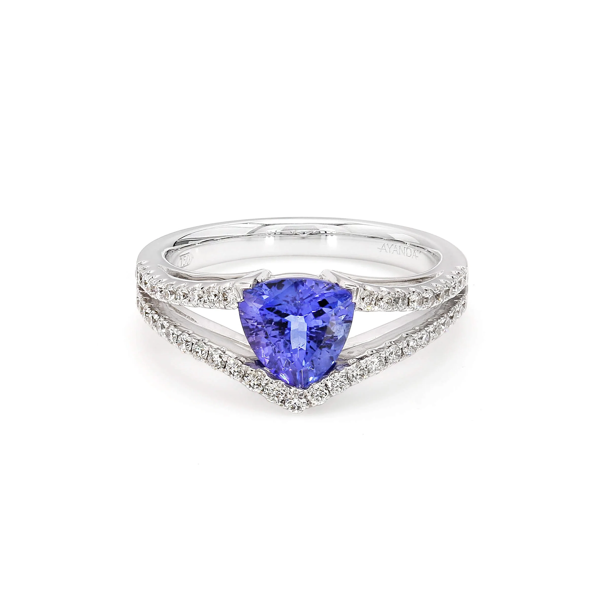 Shimansky 1.2 Carat Tanzanite and Diamond Split Shank Ring in 18K White Gold Front View