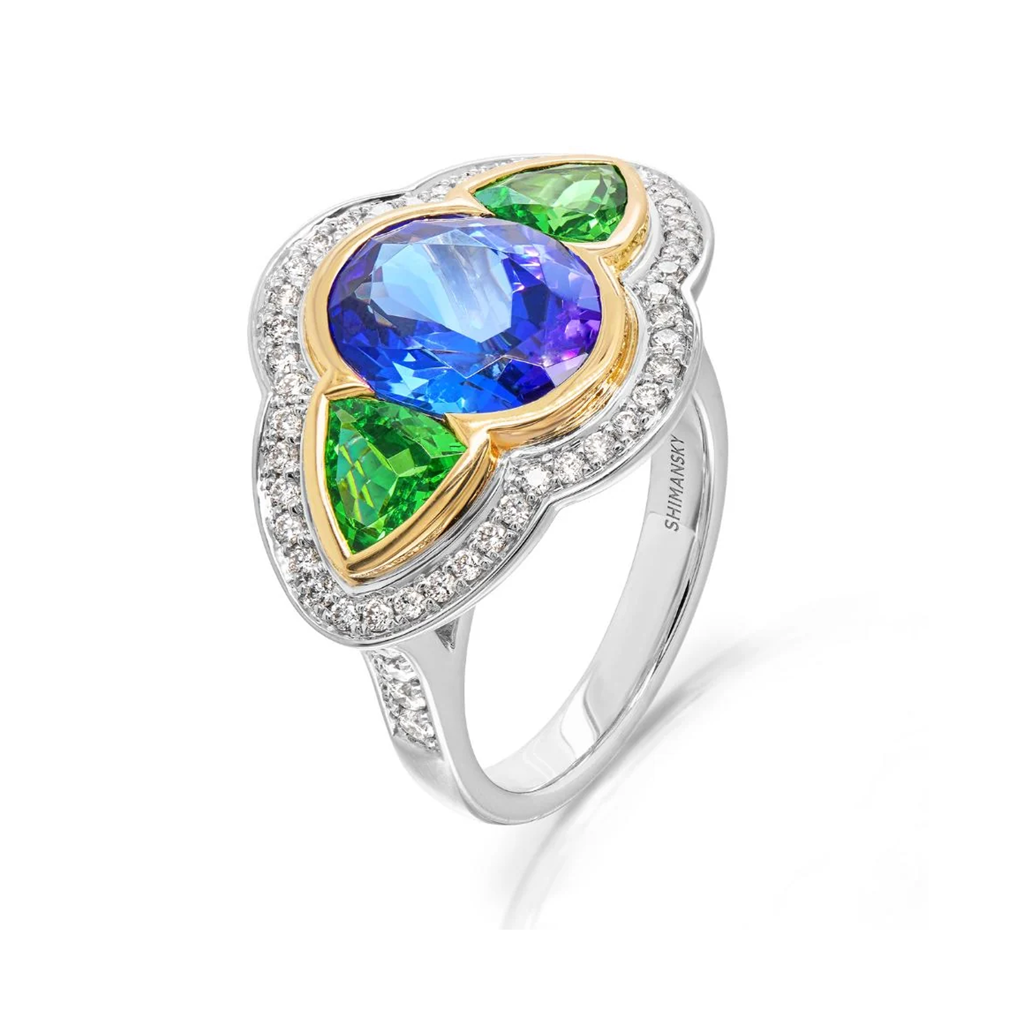 Shimansky 4 TCW Tanzanite and Tsavorite Dress Ring in 14K White & Yellow Gold 3D View #card-first