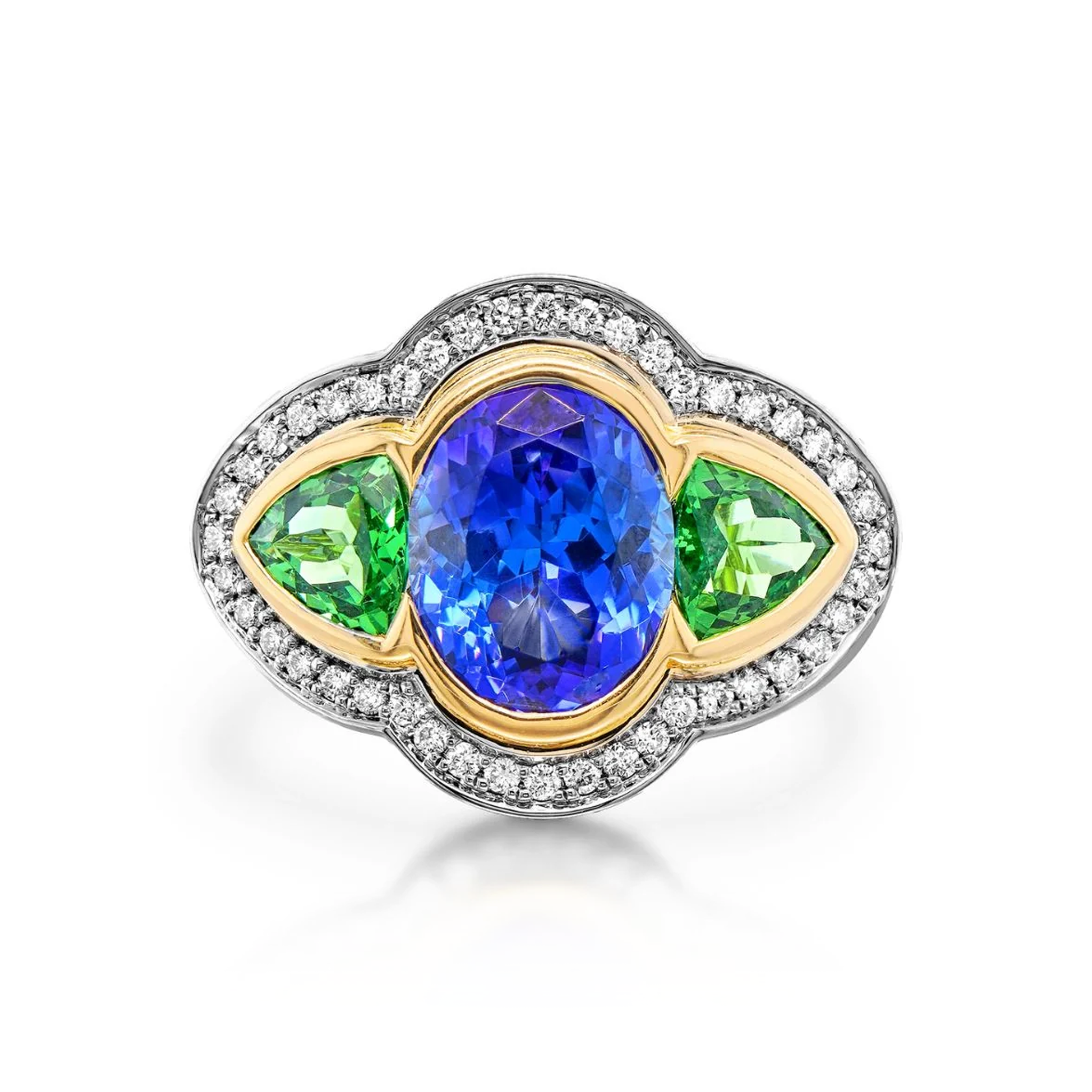 Shimansky 4 TCW Tanzanite and Tsavorite Dress Ring in 14K White & Yellow Gold Front View