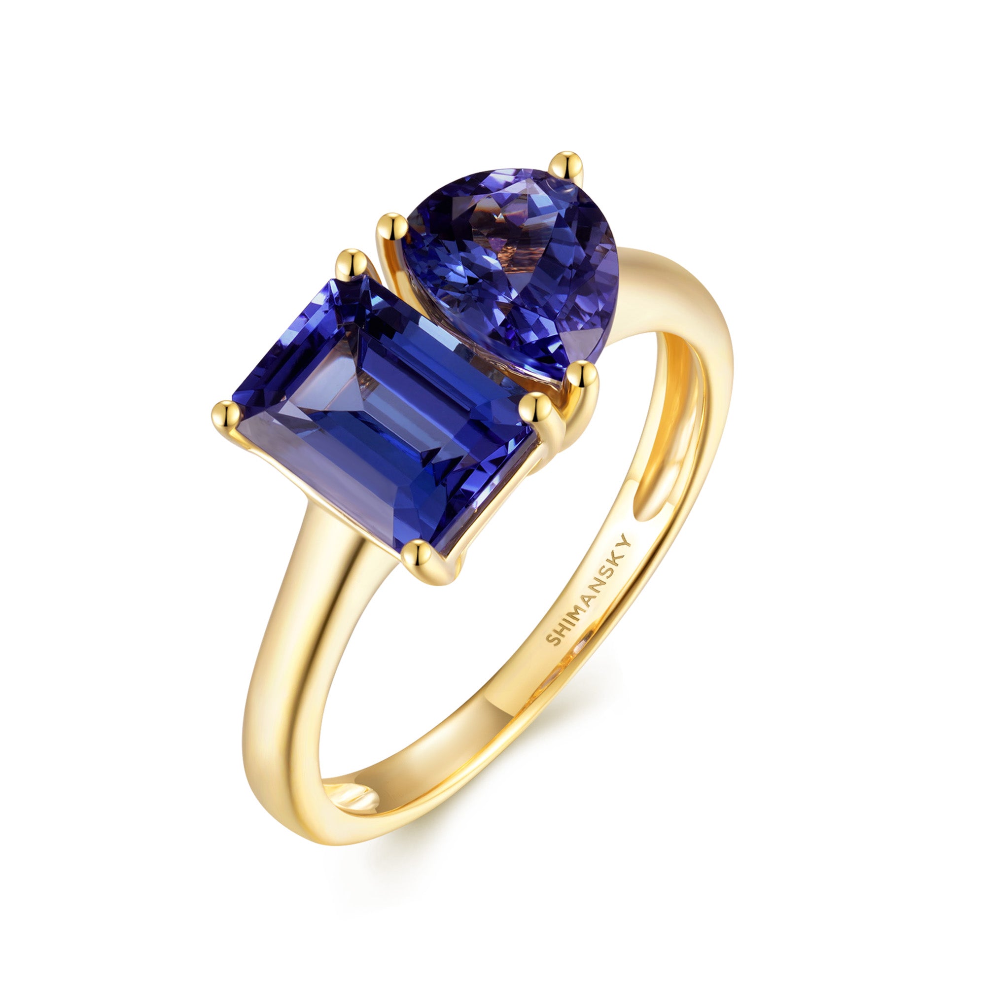 Toi et Moi Mixed Cut Tanzanite Ring in 14K Yellow Gold - 3D View