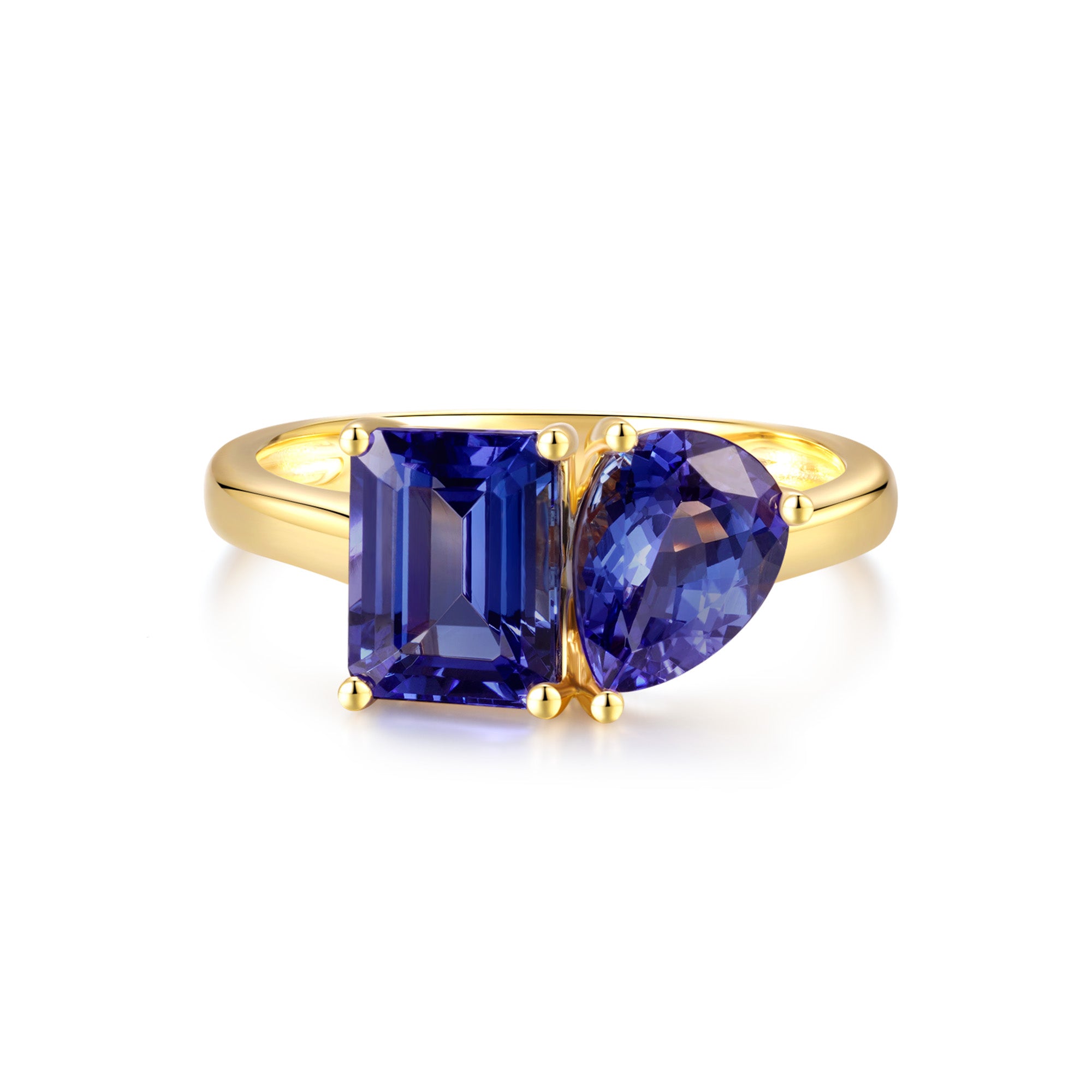 Toi et Moi Mixed Cut Tanzanite Ring in 14K Yellow Gold - Front View