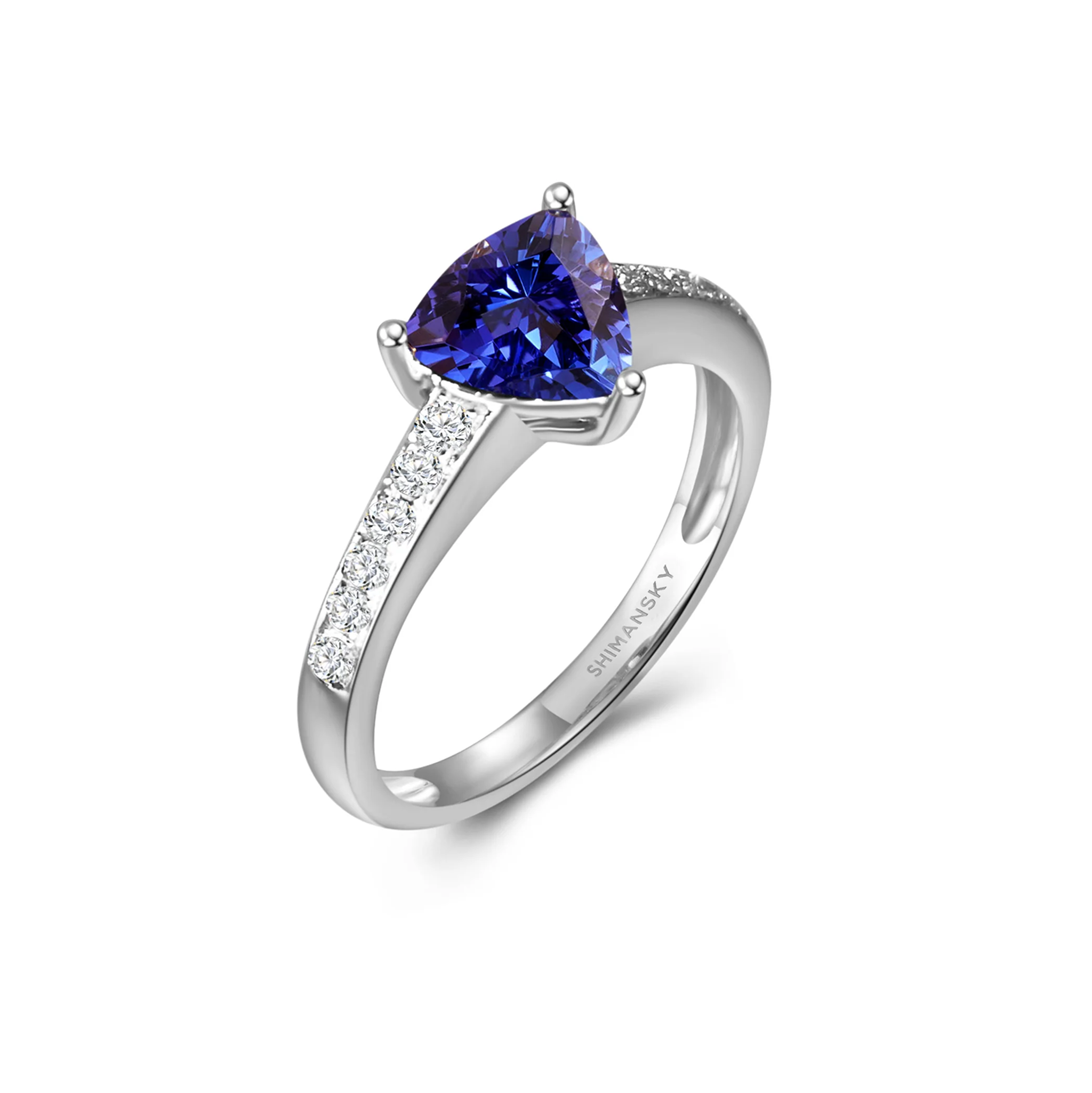 Shimansky 1.5ct Tanzanite Trilliant Microset Ring in 14K White Gold 3D View #card-first