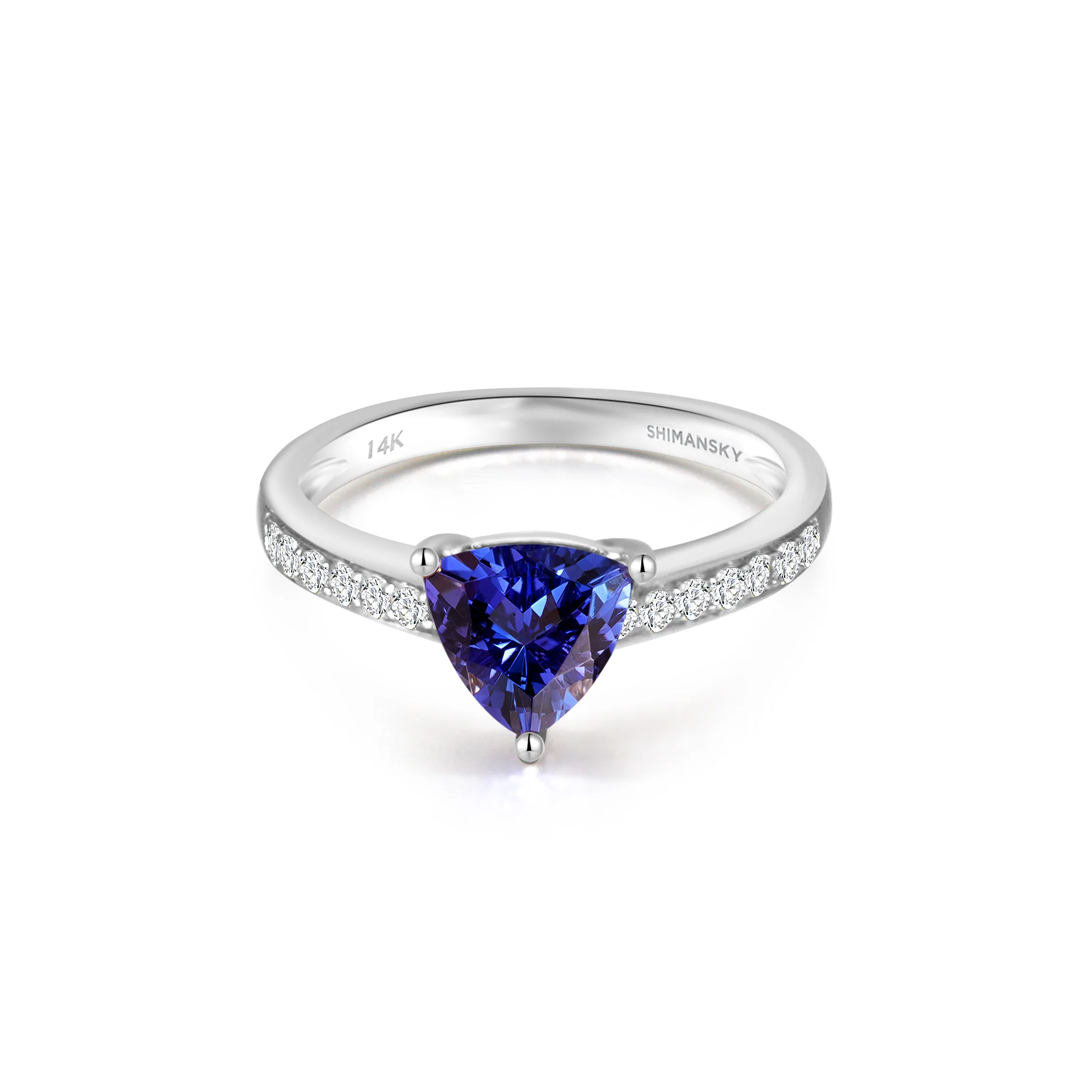 Shimansky 1.5ct Tanzanite Trilliant Microset Ring in 14K White Gold Front View