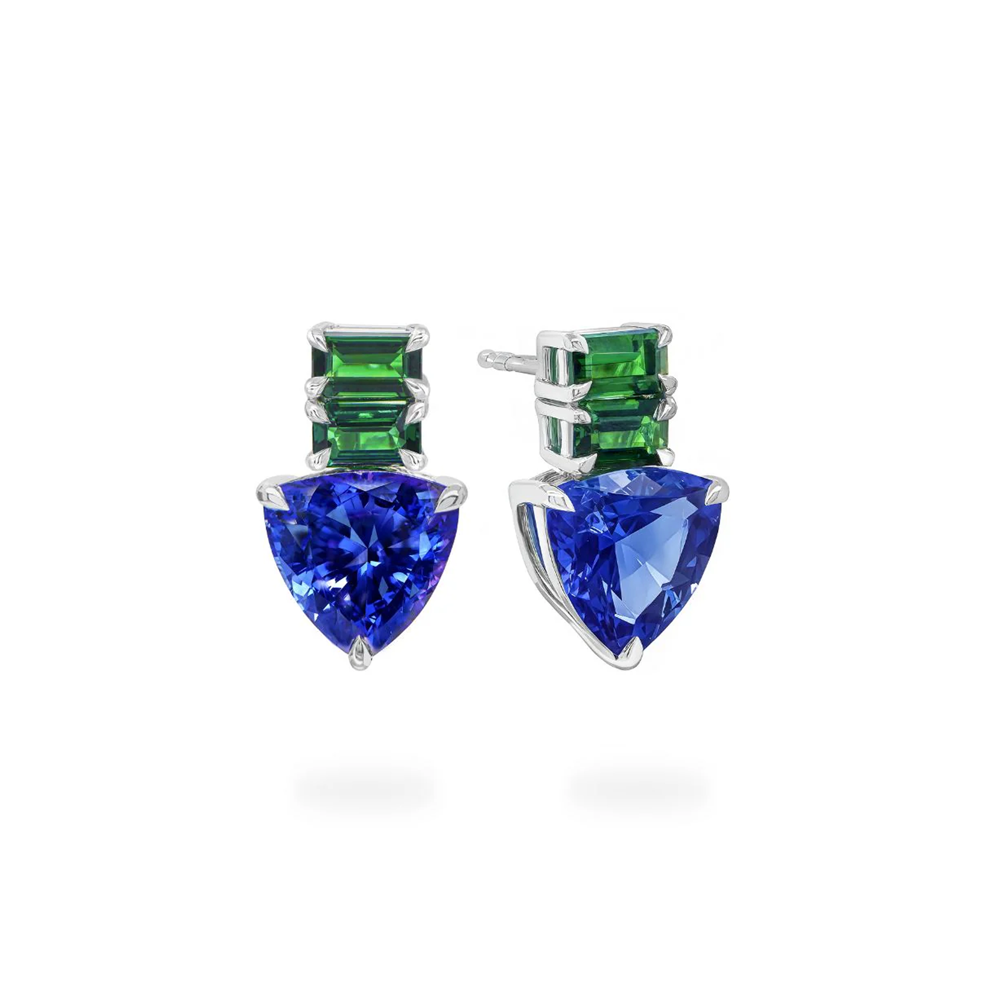 Trilliant Tanzanite & Emerald-Cut Tsavorite Dress Earrings in 14K White Gold - Shimansky Jewelry - 3D View