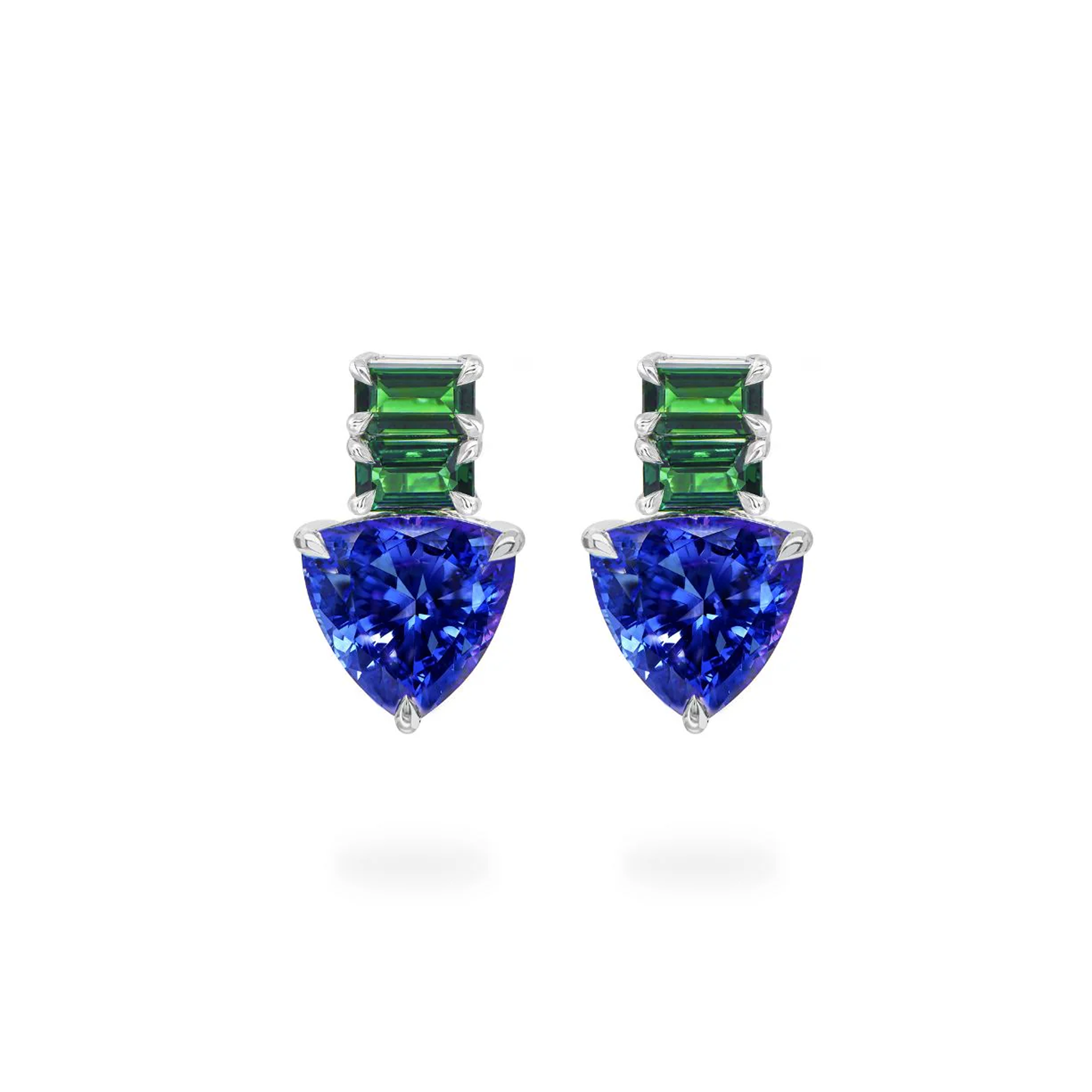 Trilliant Tanzanite & Emerald-Cut Tsavorite Dress Earrings in 14K White Gold - Shimansky Jewelry - Front View