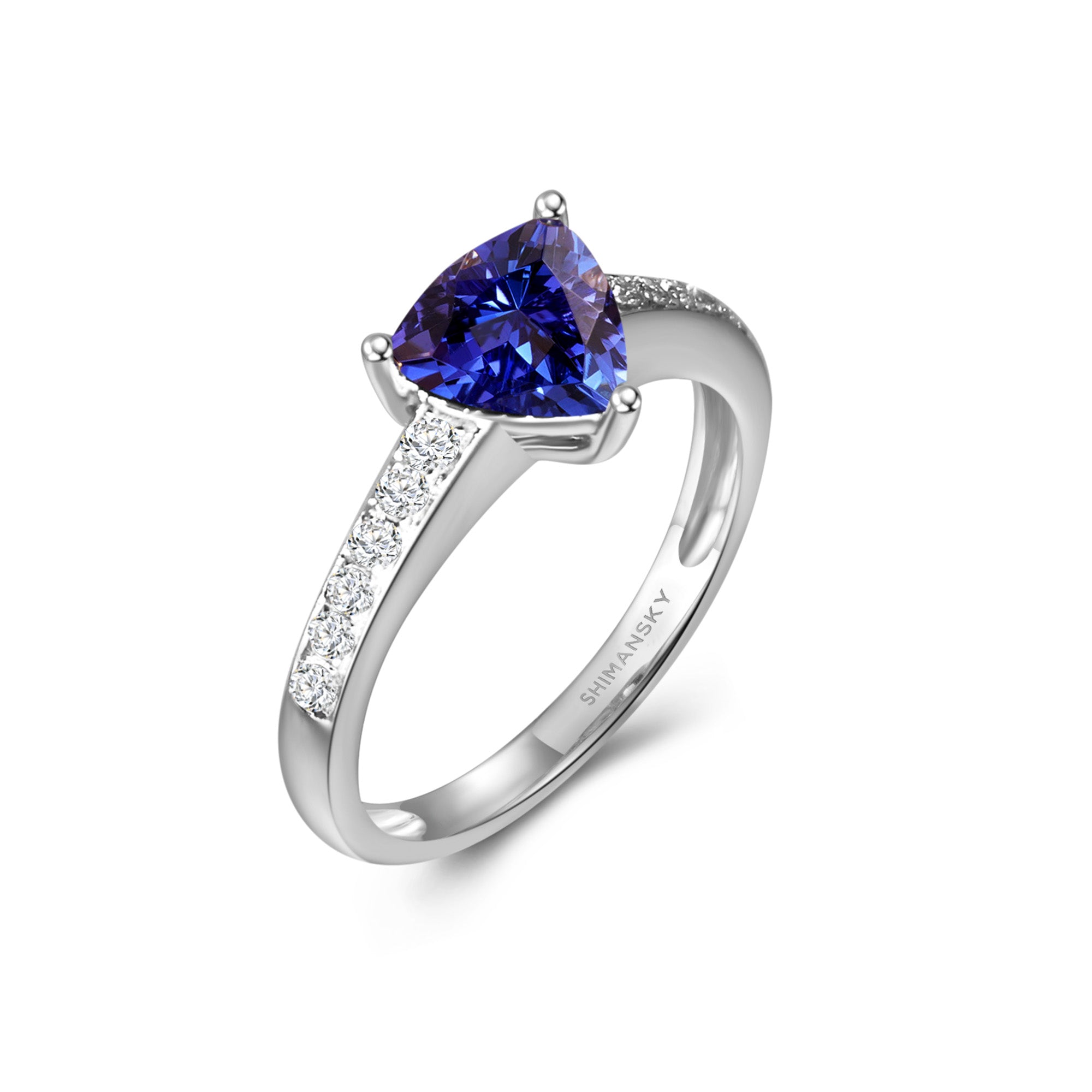 Shimansky 1.3 TCW Trilliant Tanzanite Pave Ring in 14K White Gold 3D View