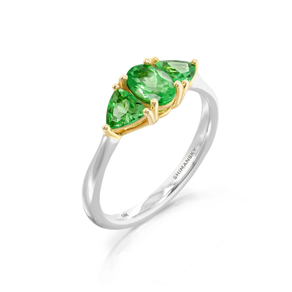 Shimansky 1.25 TCW Trilogy Tsavorite Ring in 14K White & Yellow Gold 3D View