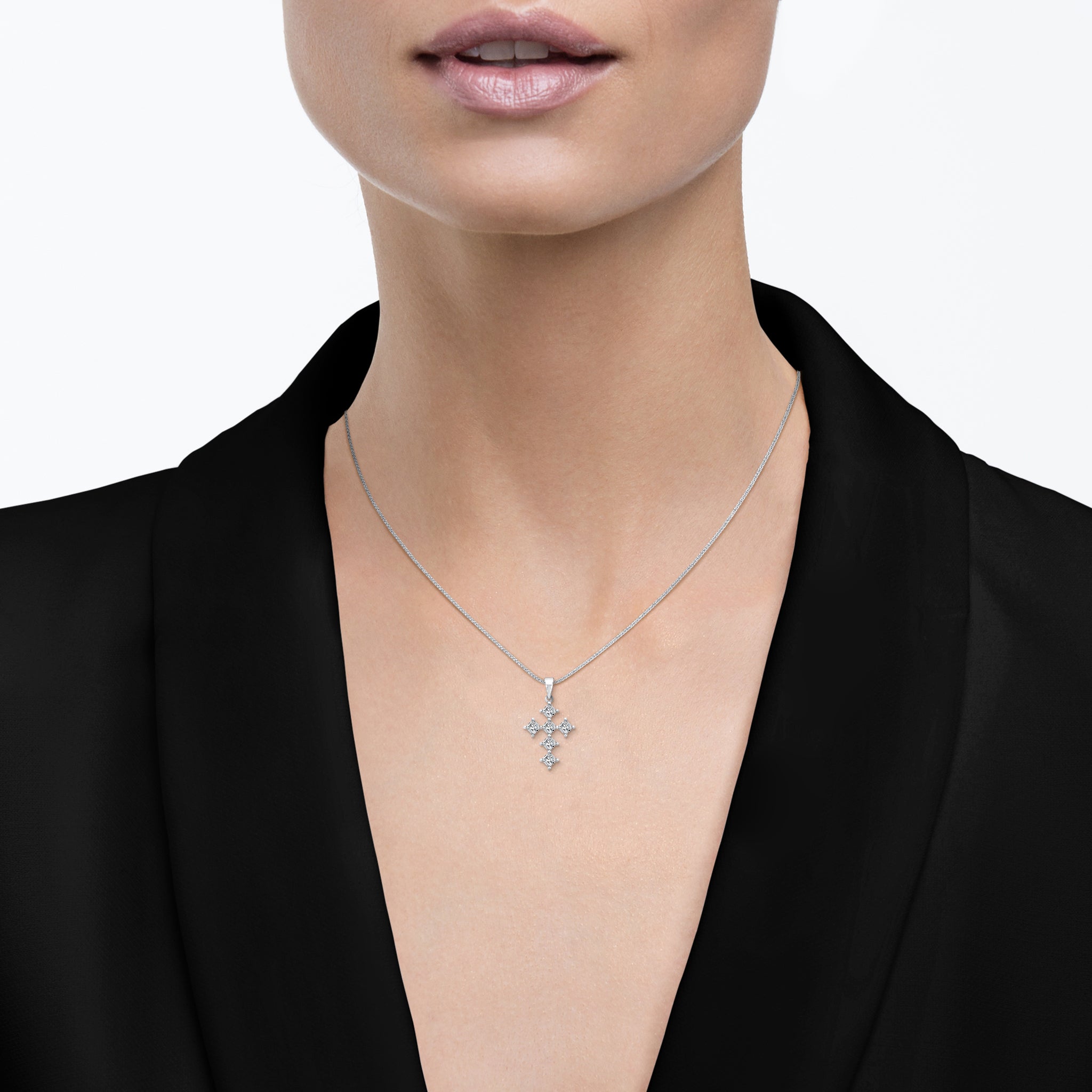 Shimansky - Women Wearing the My Girl Diamond Diagonal Cross Pendant 0.50ct Crafted in 18K White Gold